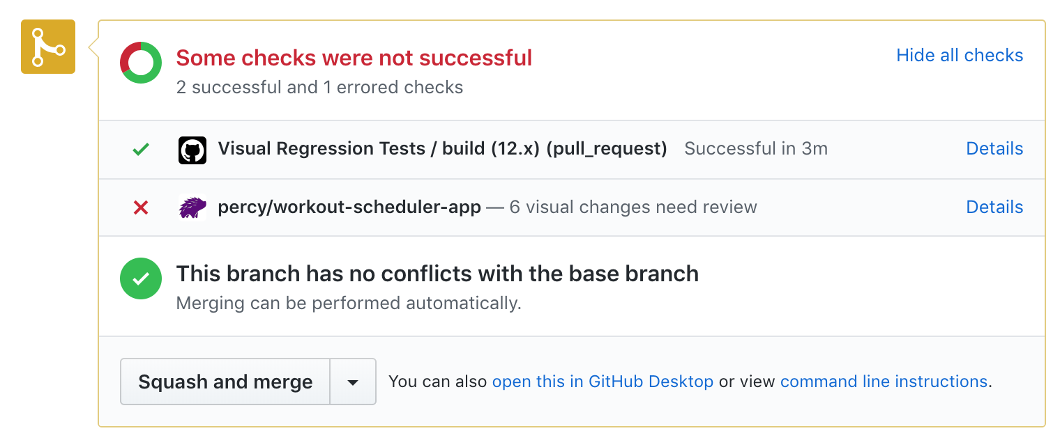 Screenshot of a GitHub action failing because of visual regressions
